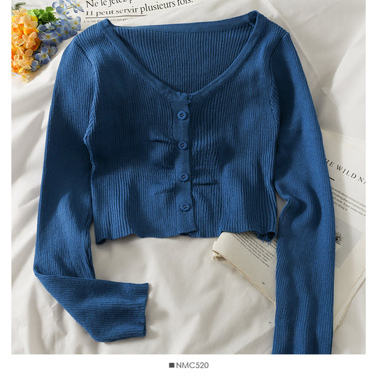 Langarm-Einreiher-Oberteil für Damen, neuer kurzer, vielseitiger, schmaler Strick 1973