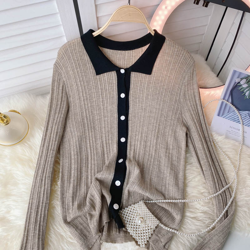 Autumn new single breasted polo collar contrast long sleeve sweater  1591