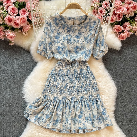 Robe queue de poisson en mousseline de soie à col rond et manches courtes 2894