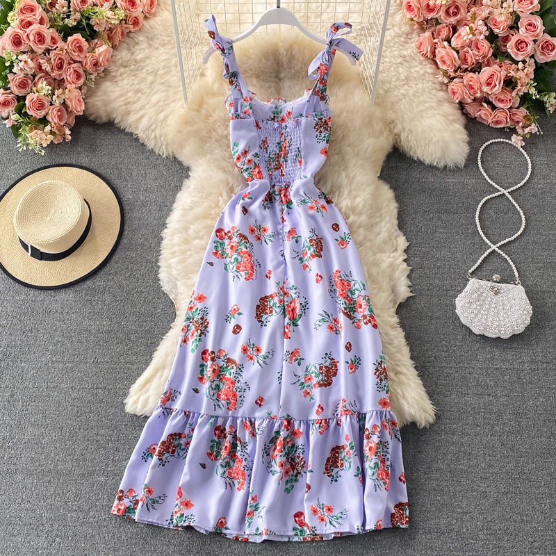 Bow tie floral medium length Ruffle Dress  3316