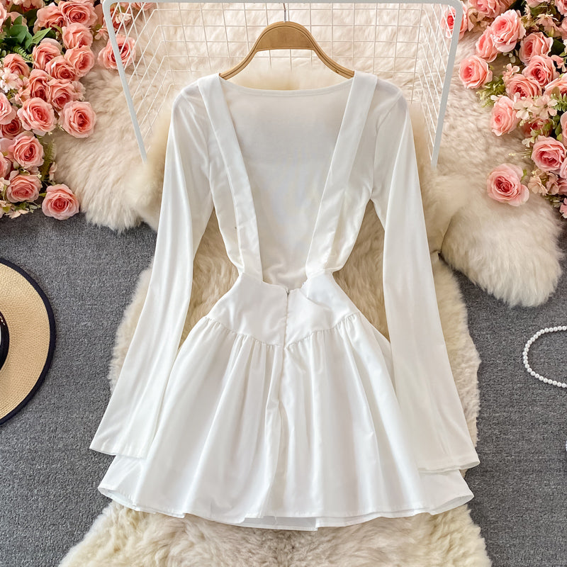 Pleated long sleeve dress women's slim A-line skirt  3259