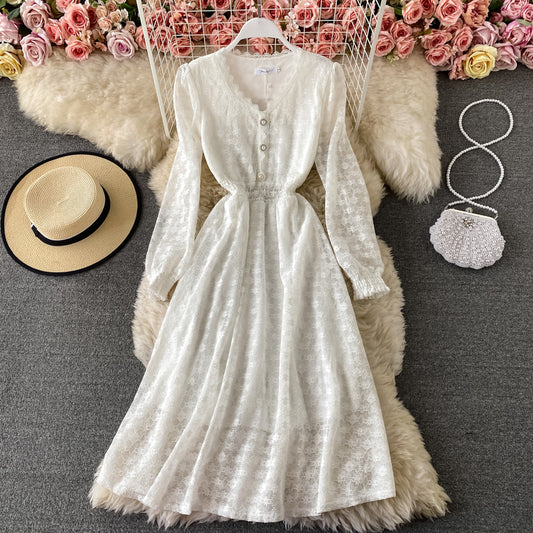 Damenkleid mit schmaler Taille und einfarbiger Spitze mit Blasenärmeln 3420