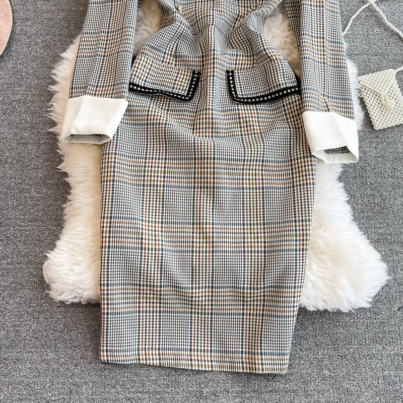 Xiaoxiangfeng Puppenhals mit hoher Taille Kariertes Kleid 3387