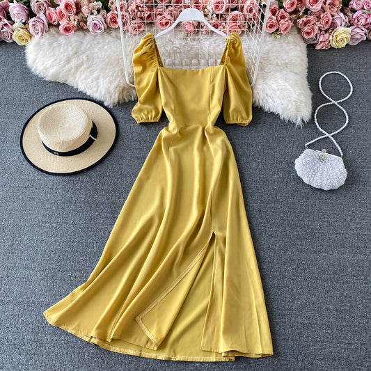 French retro square neck bubble sleeve waist slim dress  2940