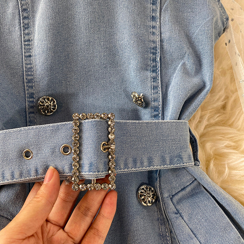 Schmales A-Linien-Jeansrockkleid mit Mesh-Nähten 3438