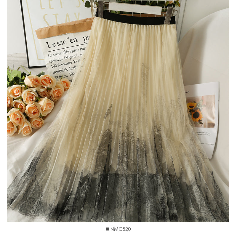 Printed high waist thin mesh pleated skirt  2609