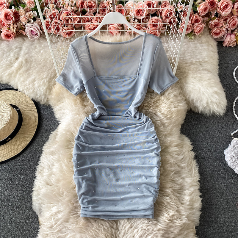 Sexy square neck slim slim fit mesh hot drill pleated Hip Wrap Dress  3172