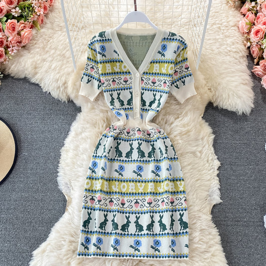 Cartoon rabbit letter jacquard V-neck slim dress  3196