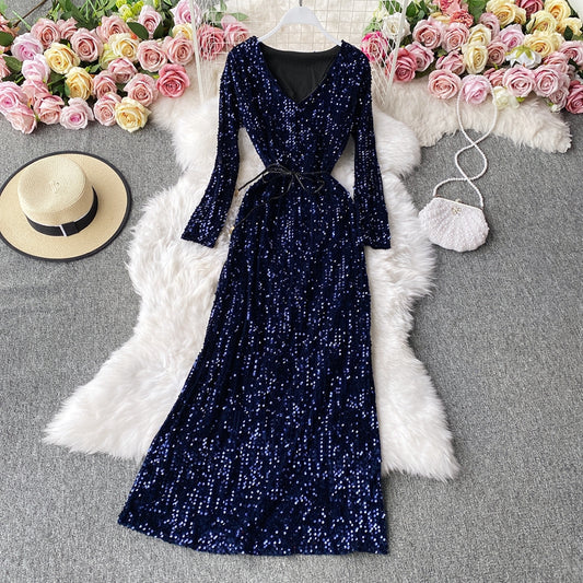 V-neck Sequin dress long sleeve waist closing lady temperament long skirt  3139