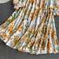 Wind round neck printed Bubble Sleeve Ruffle lace long skirt  3432