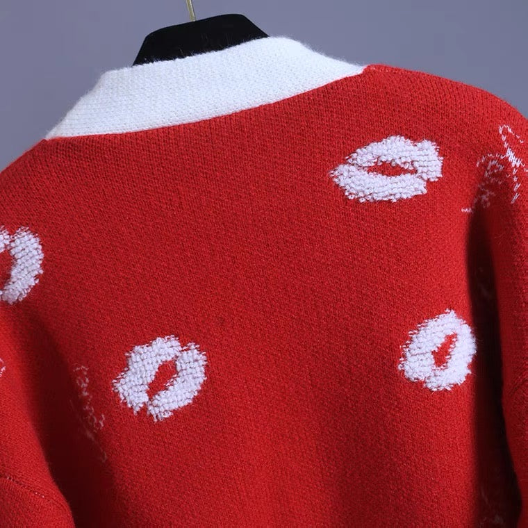 Contrast color sweater coat Cardigan, loose, V-neck, lip knit top  1403