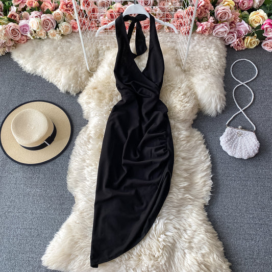 Hollow out backless sexy hanging neck V-neck dress  2759