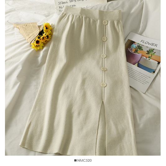 Korean retro breasted medium and long split Knit Skirt  2598