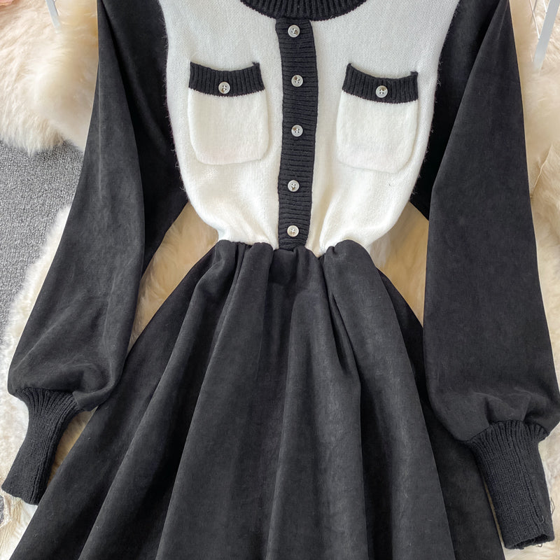 Korean high waist round neck knit stitched dress  3369