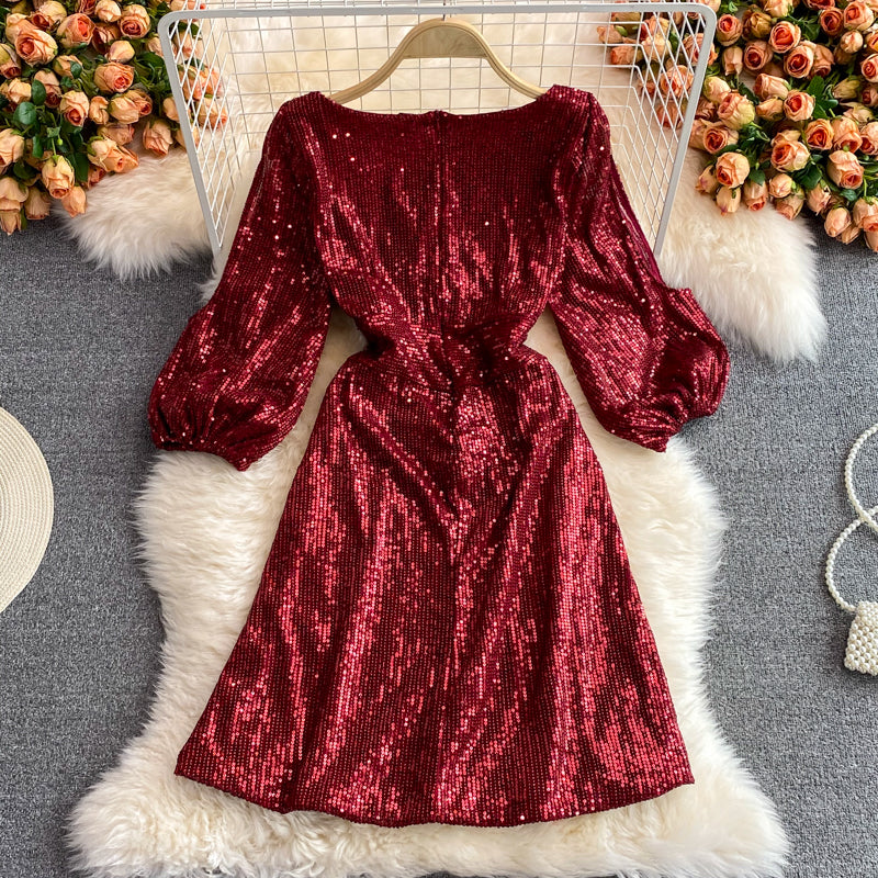 Robe courte à paillettes de luxe haut de gamme à col en V 3068