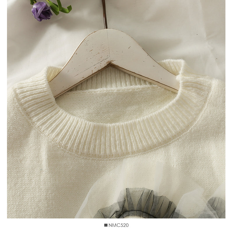 Mesh stitched heart-shaped loose thin medium length sweater for women  1959