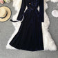 Doll Lapel gold button slim dress big swing velvet dress  3281