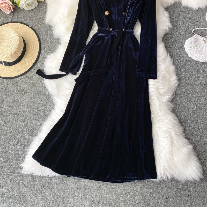 Doll Lapel gold button slim dress big swing velvet dress  3281