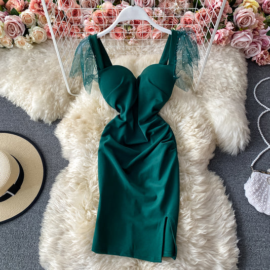 Sexy backless pleated slim wrap hip skirt fashion split dress  3284