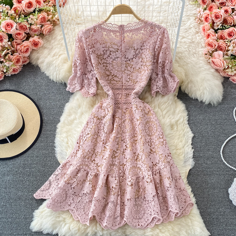 High waist slim water soluble hollow lace fishtail dress  2985