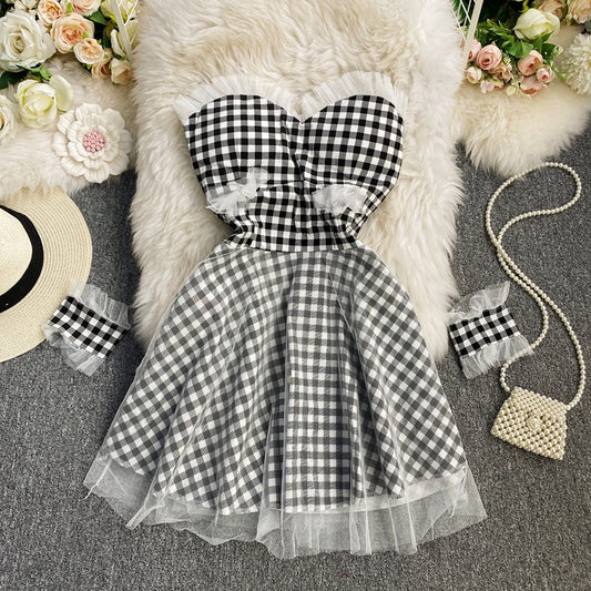 Strapless Plaid Dress waist A-line short skirt  3413