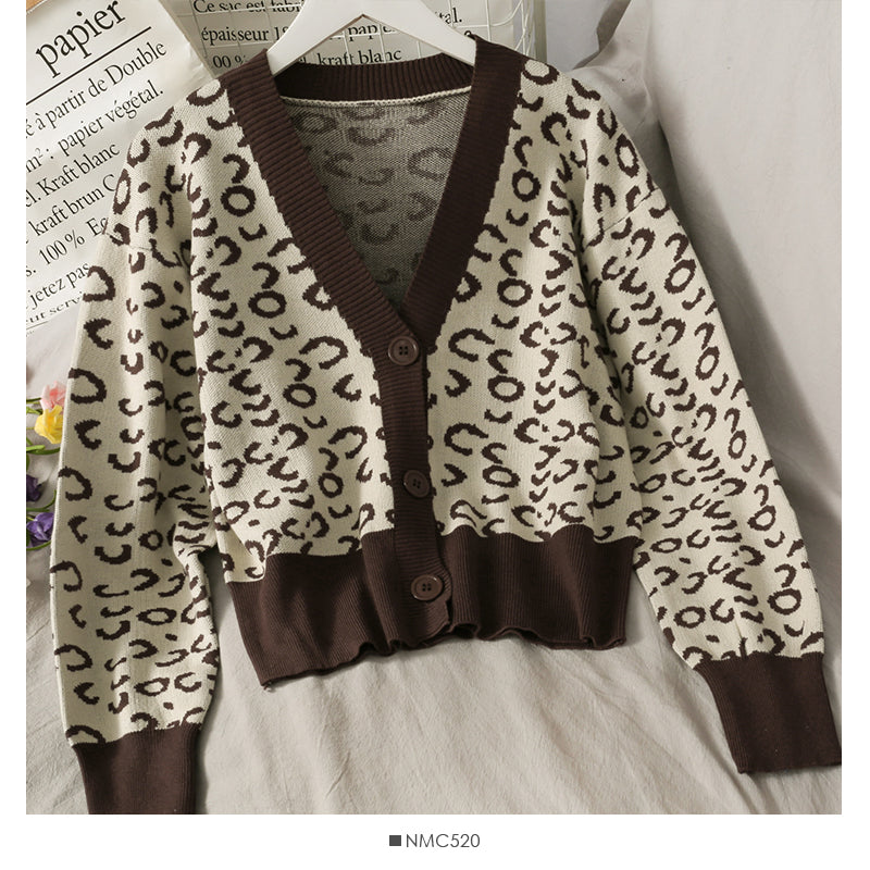 Korean retro color matching leopard three button cardigan women's sweater  1947