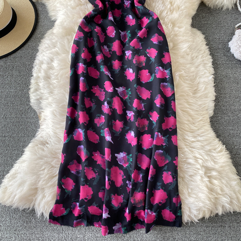 Slim temperament open back suspender Floral Dress  3422