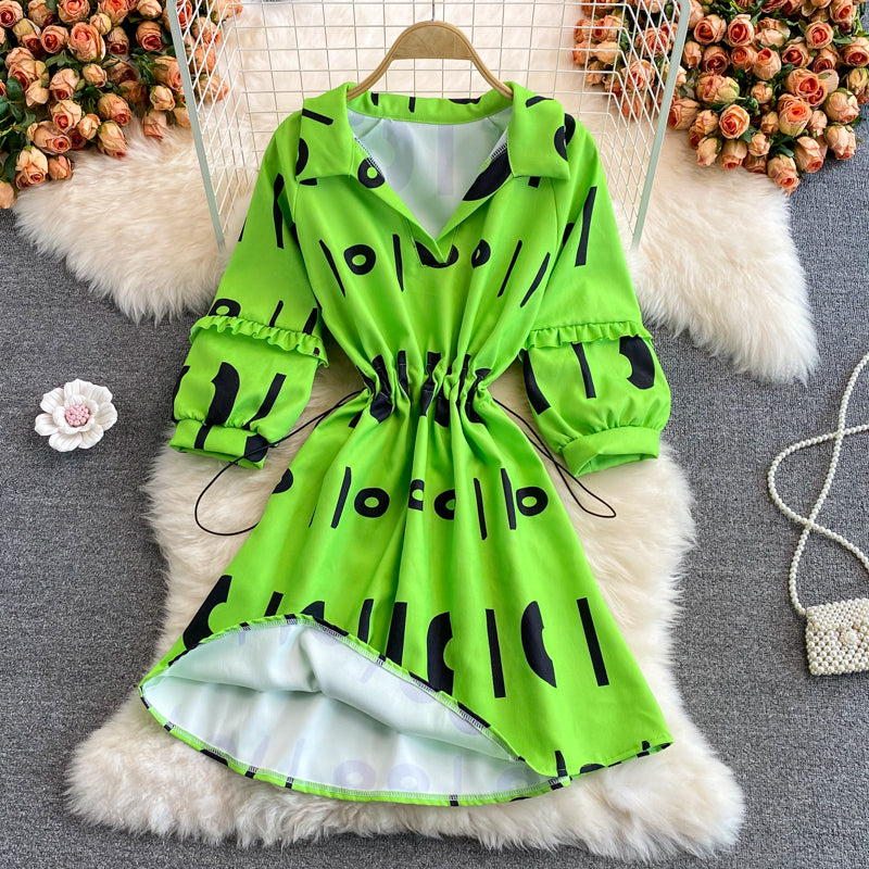 V-neck lettered print dress gentle wind waist sweater skirt  3113