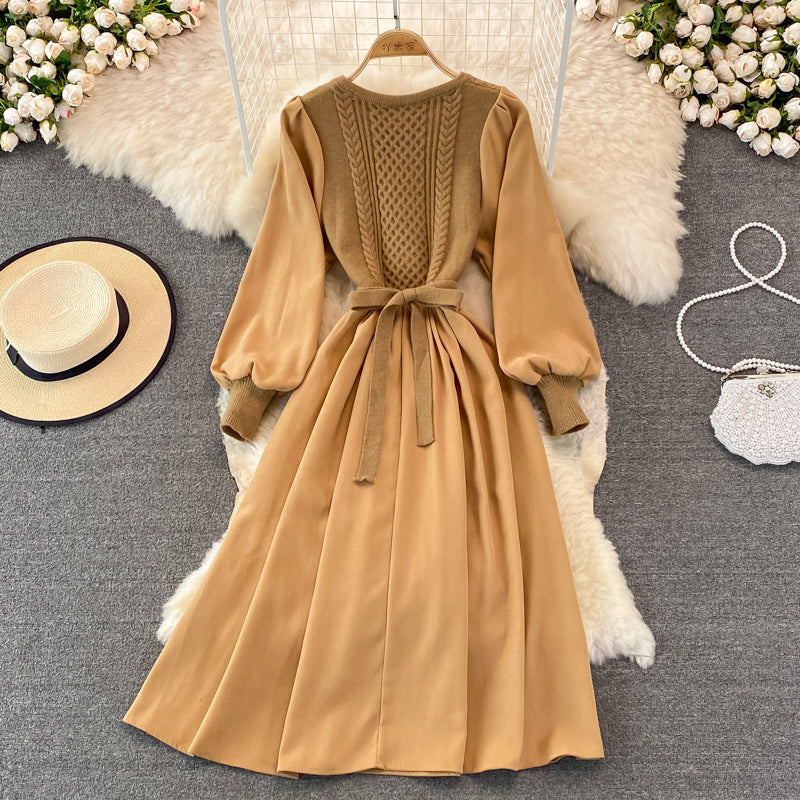 Crew neck twist knit stitched dress  3267