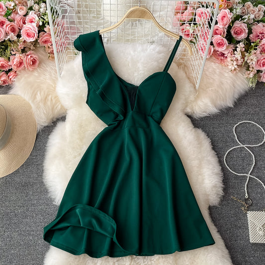 Slim slant neck off shoulder dress fluffy skirt  3200