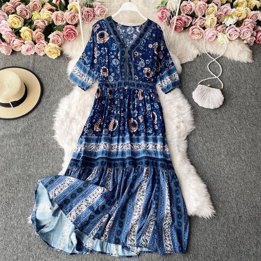 Ruffle floral dress big skirt holiday gentle wind long skirt  3141