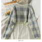 Korean color blocking Plaid round neck long sleeve Pullover short sweater  1968
