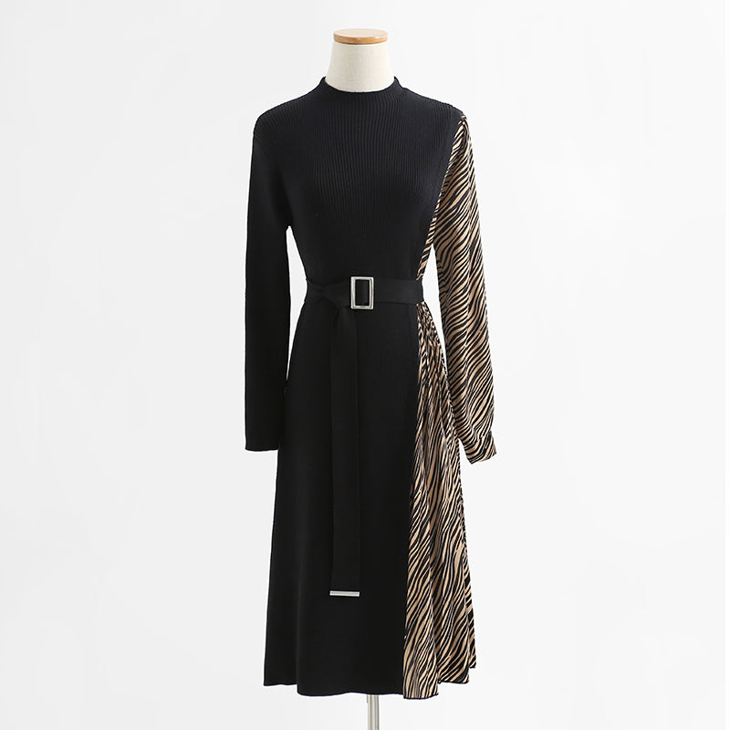 Pleated knitted dress small woman temperament thin medium long  2267