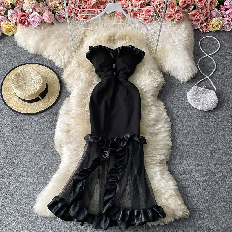 Robe sexy en queue de poisson avec sac à bandoulière exposé sans bretelles et coutures en maille de gaze 3033