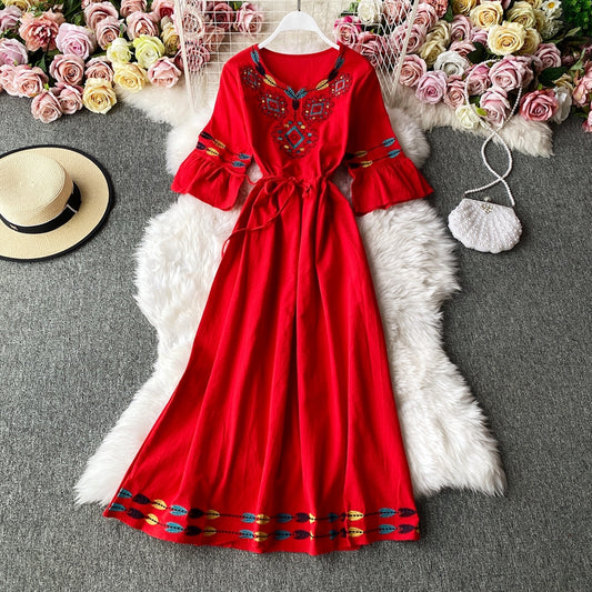 Embroidered trumpet sleeve V-neck waist cotton hemp loose holiday dress  2948