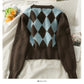 Vintage color blocking diamond check crew neck short Pullover Sweater  1878