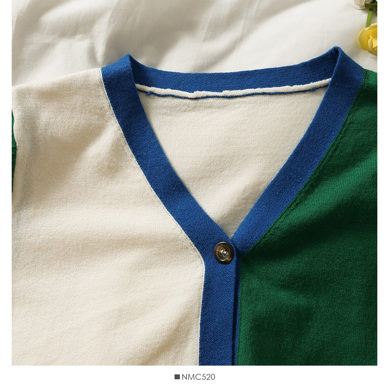 Neues einreihiges, langärmliges Damen-T-Shirt mit V-Ausschnitt und Kontrastnähten 1890
