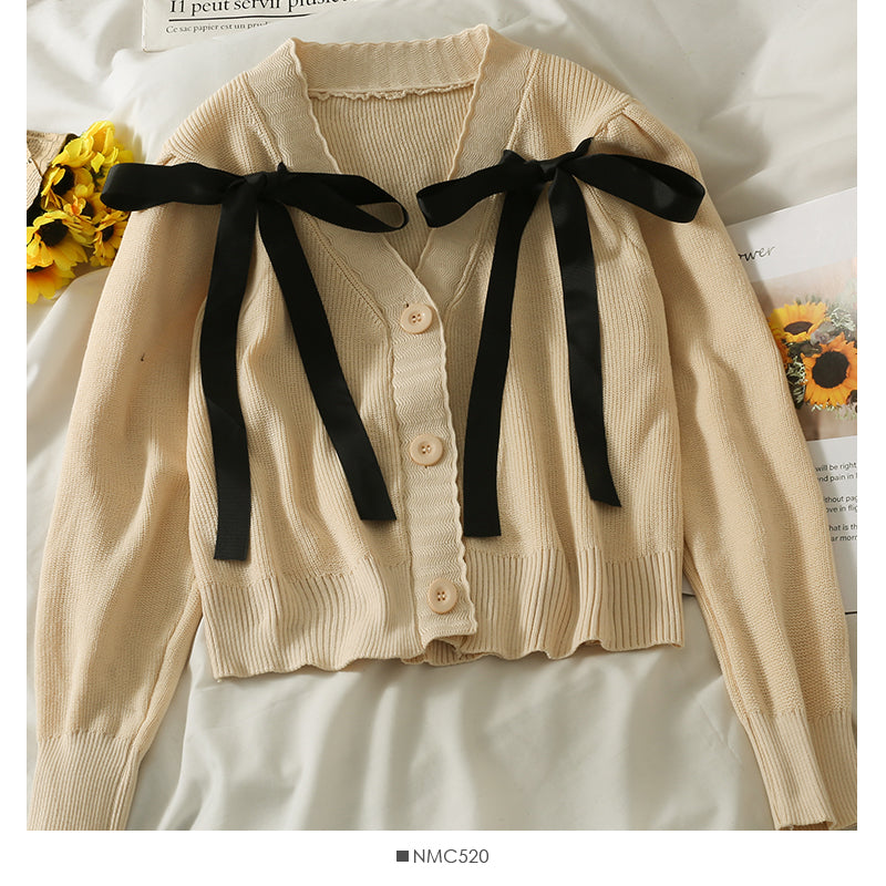 Korean bow tie short single breasted sweater for women  1945