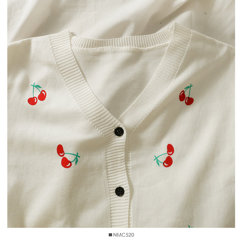 Small fresh cherry print V-neck single breasted slim cardigan sweater  1826