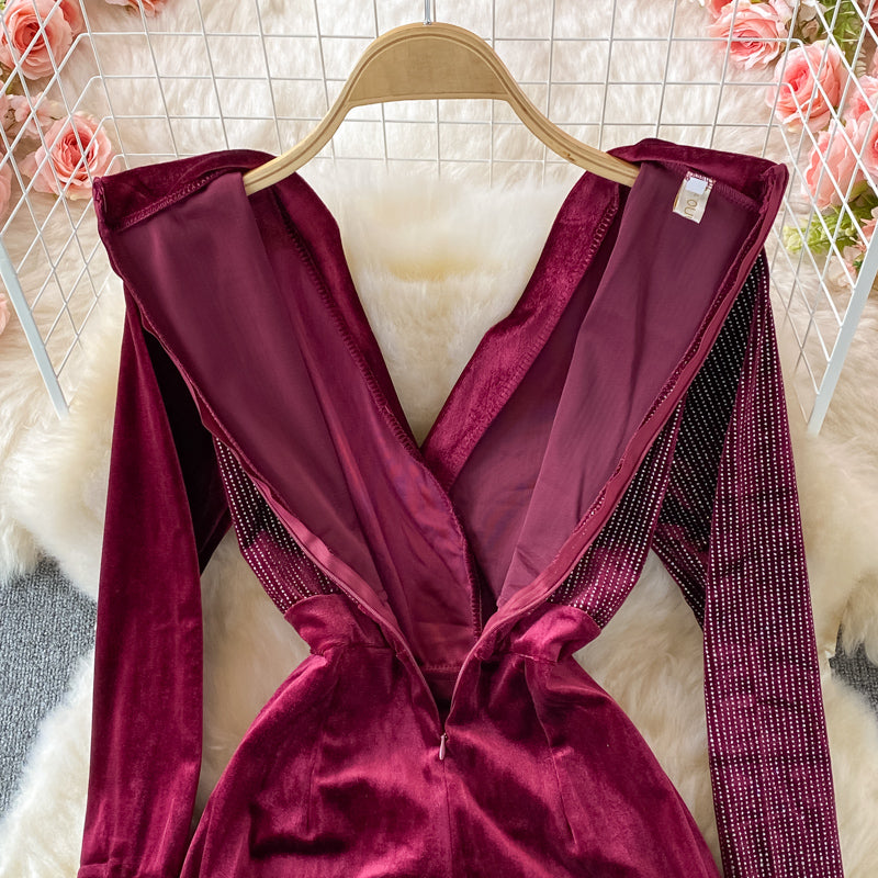 Hot drill velvet dress long skirt waist closing slim cut Hip Wrap Dress  3235