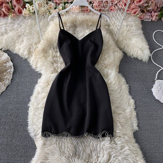 Robe à bretelles décorative en strass avec pompon en chaîne 2796