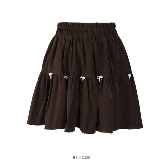 Korean bow decorative elastic waist thin A-line skirt  2484