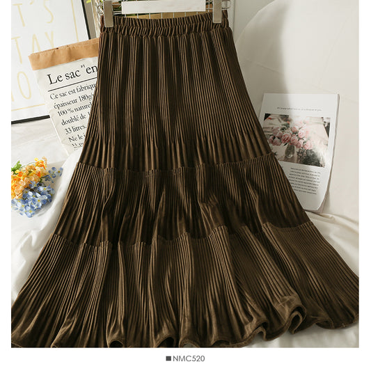 Retro loose slim stitching medium length organ pleated A-line skirt  2571