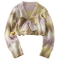 Sweet wind gradient color matching bow contrast short sweater  1783