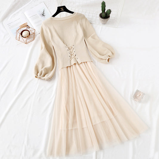 Knitted sweater dress women's new French waistband looks thin and retro Hepburn  2147