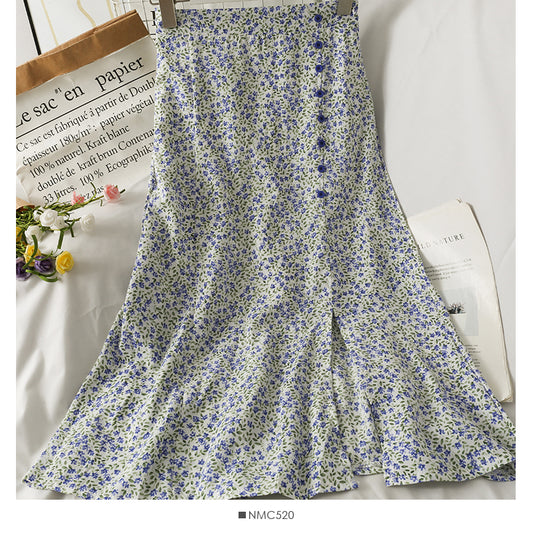Retro High Waist slim breasted floral medium length skirt  2575