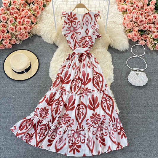 Robe à col ras du cou sans manches à volants en porcelaine bleue et blanche imprimée 2981 