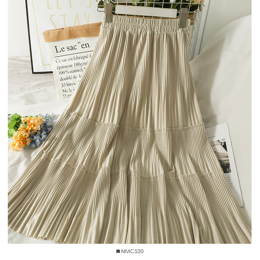 Versatile solid color high waist thin pleated skirt  2554