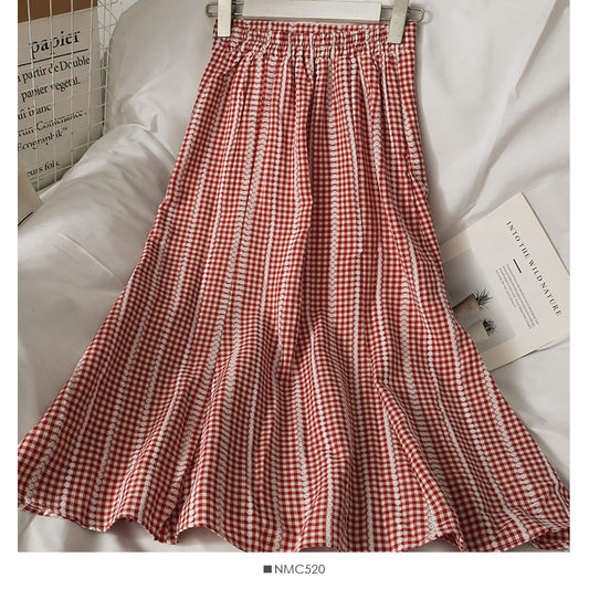 Korean Plaid print versatile medium length skirt for women  2620