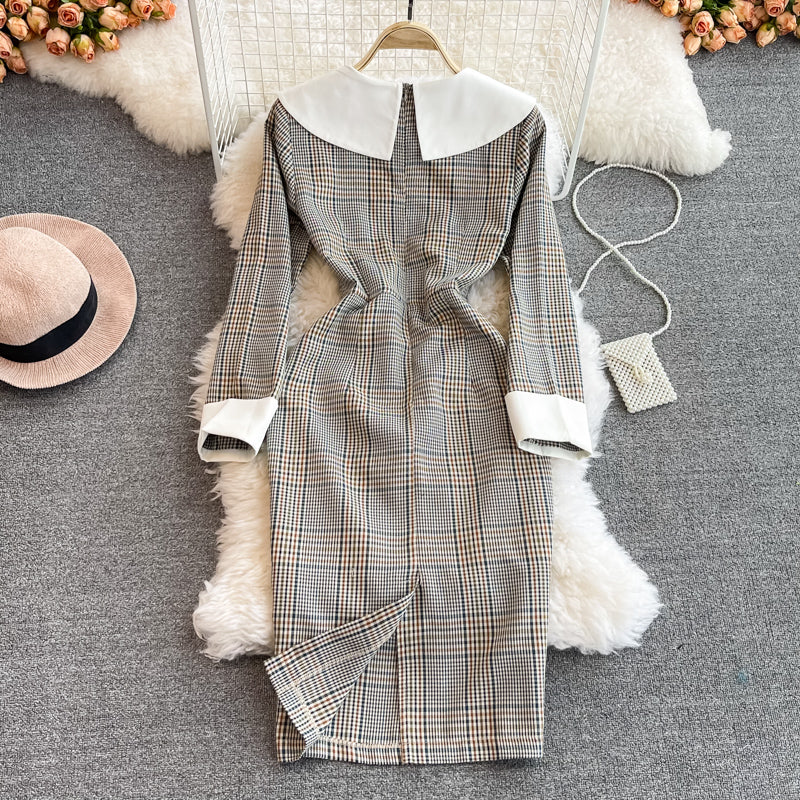 Xiaoxiangfeng Puppenhals mit hoher Taille Kariertes Kleid 3387